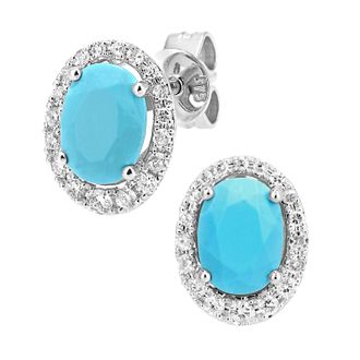 Diamant L'éternel Womens 9ct White Gold Diamond and Created Turquoise Oval Cut Stud Earrings - One Size