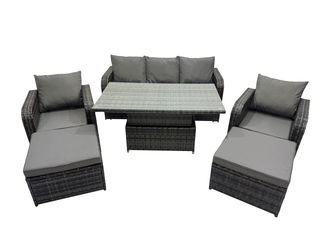 Fimous Rattan Garden Furniture Dining Set 6-seater with Big Footstool in Dark Grey