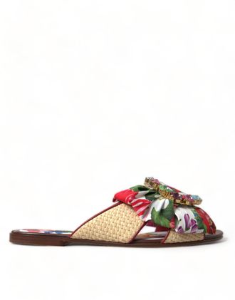Dolce & Gabbana Multicolor Floral Flats Crystal Sandals Womens Shoes