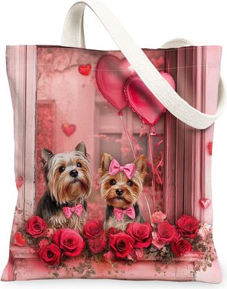 Generic Valentines Day Yorkie Dog Canvas Tote Bag for Shopping 13x15, Window Couple Puppy Reusable Grocery Print Pattern Bag for Women, Pet Beach Aesthetic Pa