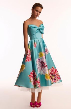 Milla A-Line Satin Floral Print Midi Dress for Cocktail Events in Aquamarine Floral at Nordstrom, Size 10