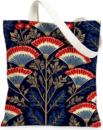 Generic Floral Canvas Tote Bag, Elegant Flower Design Reusable Grocery Bags, Vintage Lightweight Washable Shoulder Strap Canvas Bag, Navy, 13x15 Inch