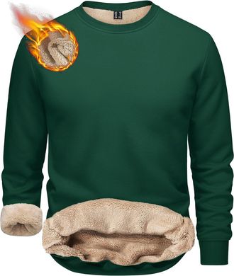 Generic Mens Fleece Round Neck Fleece Jumpers Sweatshirt Sherpa Lined Pullover Sweater Thick Warm Winter Sweatshirt Thermal Fluffy Sweatshirt Casual Solid Col