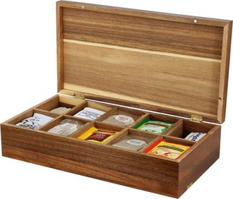 MegaChef Acacia Wood 14.25 x 7.5 Inch 10 Compartment Tea Box
