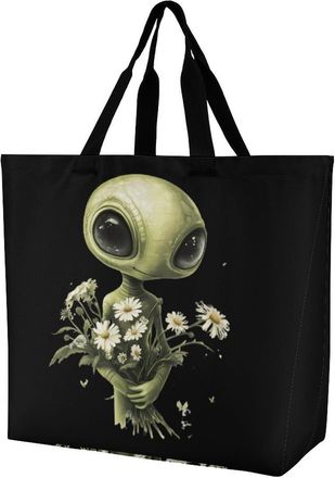 Generic Aliens Handle Flowers Tote Bag Reusable Grocery Shopping Bags Large Travel One Shoulder Handbag for Picnic Work