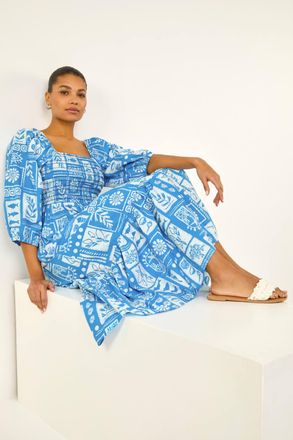 Roman Seashell Tile Shirred Midi Dress