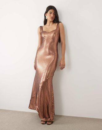 Asos Vestito lungo con scollo rotondo sul retro marrone con paillettes