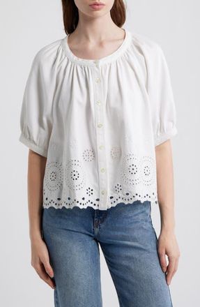 Frame Denim The Eyelet Short Sleeve Woven Shirt in White at Nordstrom, Size X-Large
