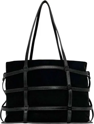 Ferragamo Beige Black Leather Canvas Tote Bag (Pre-Owned)