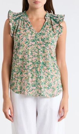 Bobeau Ruffle Sleeveless Cotton Top in Green/pale Yellow/Pink Floral at Nordstrom Rack, Size X-Large