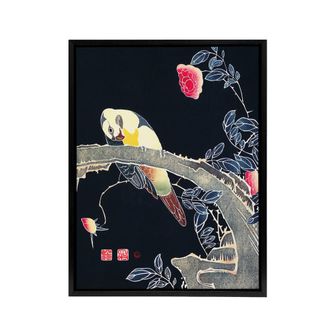 Artery8 Parrot on Rose Flower Bush Japanese Framed Canvas Wall Art Print Jakuchu | Size: W24 x H32