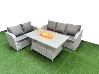 Fimous 5 Seater PE Rattan Wicker Garden Furniture Patio Conservatory Sofa Set with Firepit Dining Table 3 Seater Sofa Love Sofa in Light Grey
