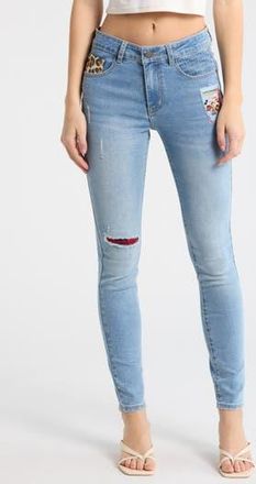 Desigual Mickey Mouse Patchwork Skinny Jeans in Medium Blue at Nordstrom Rack, Size 34