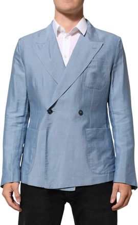 Dolce & Gabbana Light Blue Linen Double Breasted Men Jacket Blazer Nylon Clothing