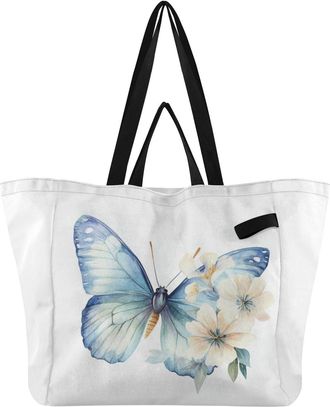 Generic Blue Floral Butterfly print Reusable Canvas Tote Bag, Heavy Duty Grocery Shopping Bag with Hard Bottom Double Handles Large Capacity Work Groceries Tr