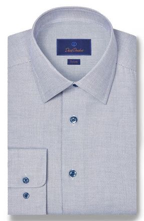 David Donahue Trim Fit Herringbone Micro Print Cotton & Silk Dress Shirt in Navy/White at Nordstrom, Size 15.5 - 32