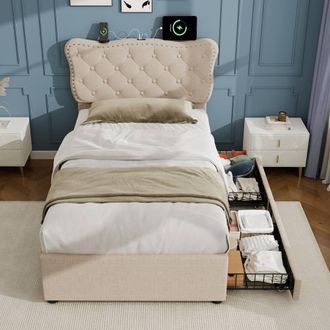 Merax 3ft Single Tufted Upholstered Bed with Charging Station, 2 Drawers in Beige
