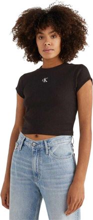 Calvin Klein Gekropt T-shirt met enkelvoudige ribbel voor dames (Zwart)