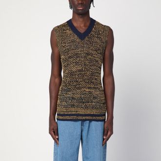Wales Bonner Navy Blue/Yellow Textured Vest In A Cotton Blend