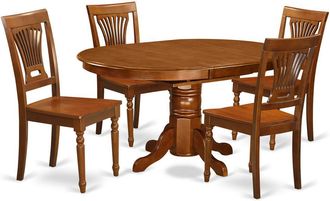 East West Furniture 5 Pc Avon Dining Table featuring Leaf and 4 hard wood Chairs in Saddle Brown