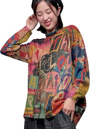Generic Oversized Jumpers for Women UK Christmas Halloween Winter Long Sleeve Tops Cat Graphic Knitted Long Sweaters Crew Neck Loose Hippy Clothes Boho Vintag