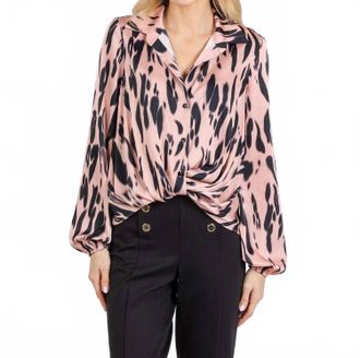 Joseph Ribkoff Satin Animal Print Draped Top In Pink/black