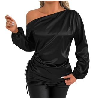 Generic Womens One Shoulder Long Sleeve Tops Silk Satin Blouses Casual Dressy Shirts Business Ruched Solid Color Outfits Lightweight Comfortable Office Work T