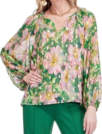 Jade Yoga Metallic Accent Peasant Top In Golden Magnolia