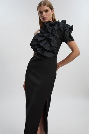 Karen Millen Womens Compact Stretch Taffeta Ruffle One Shoulder Midi Dress - Black - Size 10 UK