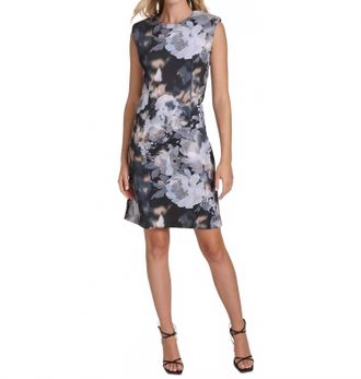 Calvin Klein Sleeveless Floral Sheath Dress In Black/white