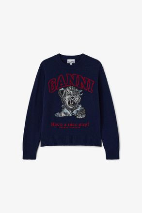 Ganni Navy Jumper with Tiger - Size XXS Recycled Wool