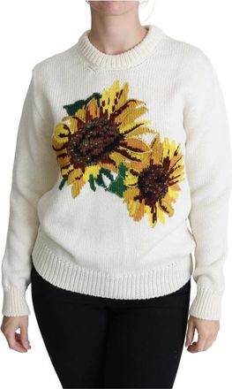 Dolce & Gabbana Zonnebloem Gebreide Trui - Dames - Ronde hals truien - Wit - 2XS - Wol - Truien & Vesten