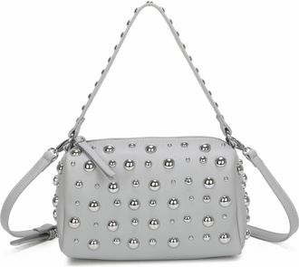 Generic Womens Black Studded Crossbody Bag, Silver Metal Studs, Textured Leather, Shoulder Strap, Zipper Closure (Grey)