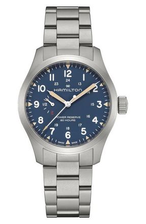 Hamilton Khaki Field Mechanical Power Reserve Bracelet Watch, 40mm in Blue at Nordstrom