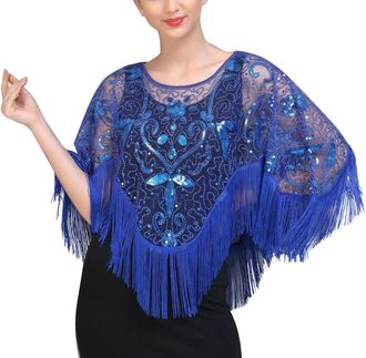 Feoya Womens 1920s Shawl Sequin Beaded Evening Cape Flapper Shrug Retro Tulle Tassel Shawls Vintage Mesh Fringe Shawl Wraps Shiny Short Fringed Art Deco Wra