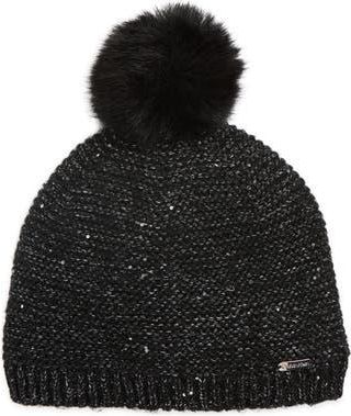 Calvin Klein Mini Sequin Faux Fur Pom Beanie in Black at Nordstrom Rack