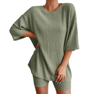 Generic Womens Nightwear Sets Two Piece Ladies Lounge Wear Loungewear Tshirt Outfit Dress Ribbed Womens Sleep Long Sleeve Oversized Casual 2Pc Comfy Fall Gym 