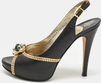 Gina Black Leather Crystal Embellished Slingback Pumps