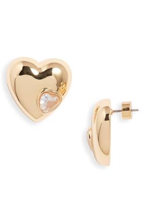 Nordstrom Puffy Heart & Stone Stud Earrings in Clear- Gold at Nordstrom