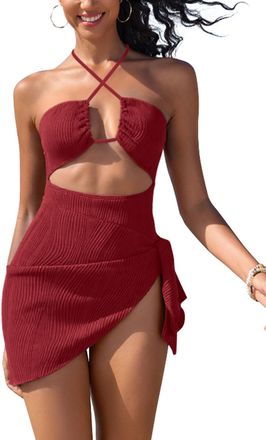 SHEKINI Womens One Piece Swimsuit with Cover up Halter Cutout Bathing Suit Sexy Tummy Control Swimwear and Sarong Wine Red-M