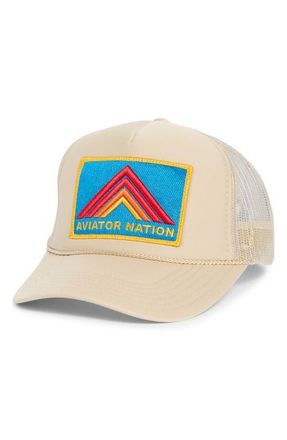 Aviator Nation Mountain Stripe Logo Embroidered Snapback Trucker Hat in Khaki at Nordstrom