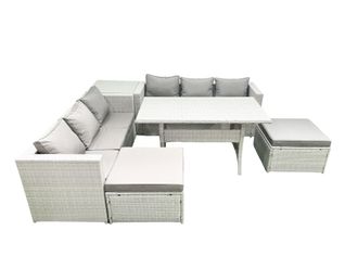 Fimous Rattan Garden Furniture Set 8 Seater Outdoor Sofa Set with Dining Table Side Table 2 Big Footstools Light Grey Mixed