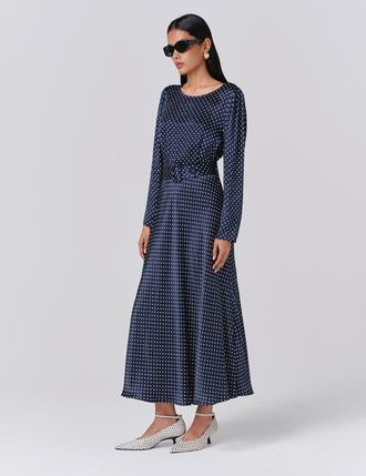 Ghost London Sophia Polka Dot Belted Midi Dress in Navy Spot at Nordstrom, Size 12