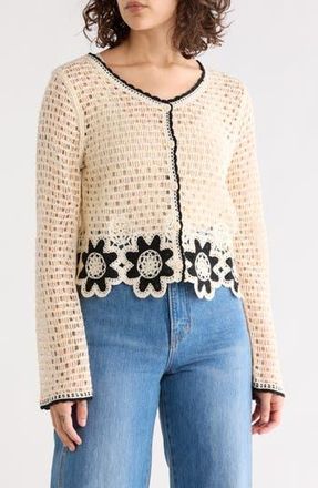 Forgotten Grace Scallop Trim Crochet Sweater in Natural/Black at Nordstrom Rack, Size X-Large