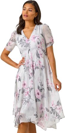 Roman Womens Floral Print Hanky Hem Midi Dress - Pink - Size 10 UK