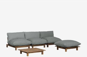 Sklum Conjunto De Sal&oacute;n Con Sof&aacute; Modular Reclinable De 3 Piezas, Mesa De Centro Y Puff En Madera De Acacia Brina Sklum