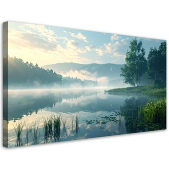 Feeby Cuadro En Lienzo, Bosque Lago Niebla Paisaje, 120x60