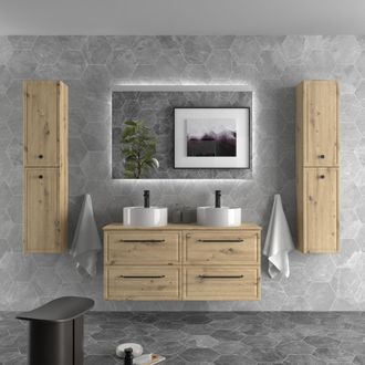 Cygnus Bath Mueble De Ba&ntilde;o Runa 140cm Roble 4 Cajones Lavabo Sobre Encimera 2 Pozas Porcelana