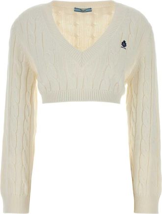 Prada White Knitted V Neck Sweater