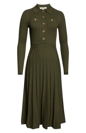 Boden Long Sleeve Rib Knit Shirtdress in Woodland Green at Nordstrom, Size 12